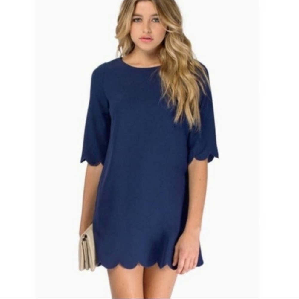 TOBI Navy Blue Scalloped Business Casual Office Dress Small